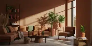 Modern living room with 2026 seasonal decor trends featuring natural elements and earthy colors