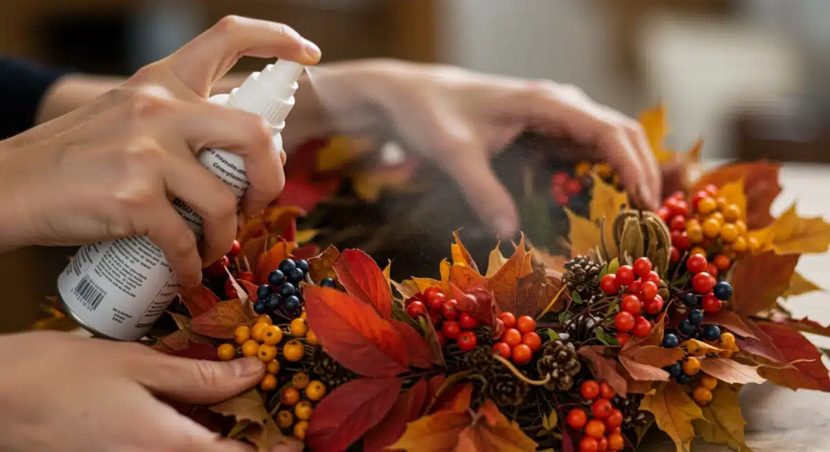 Applying preservation spray to fall wreath