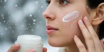 Woman applying dermatologist-recommended moisturizer to dry winter skin