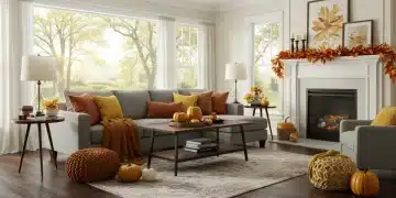 Cozy autumn decorated living room with seasonal decor elements