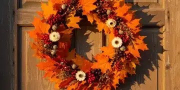 Autumn fall wreath with maple leaves on wooden door