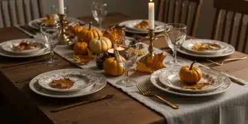 Beautiful autumn tablescape with candles and seasonal decorations