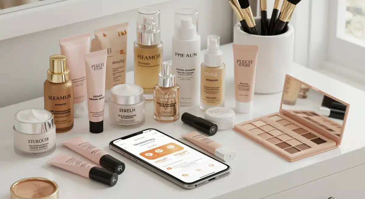 Premium beauty products on vanity with loyalty app on smartphone
