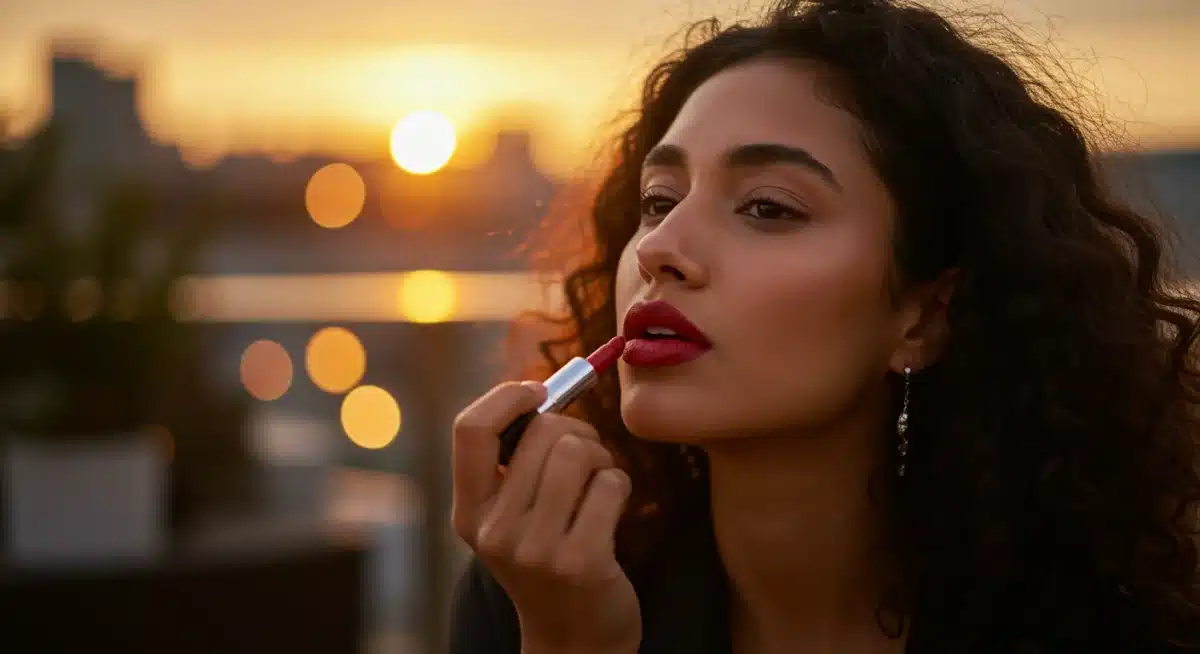 Woman applying bold red lipstick for an evening makeup look