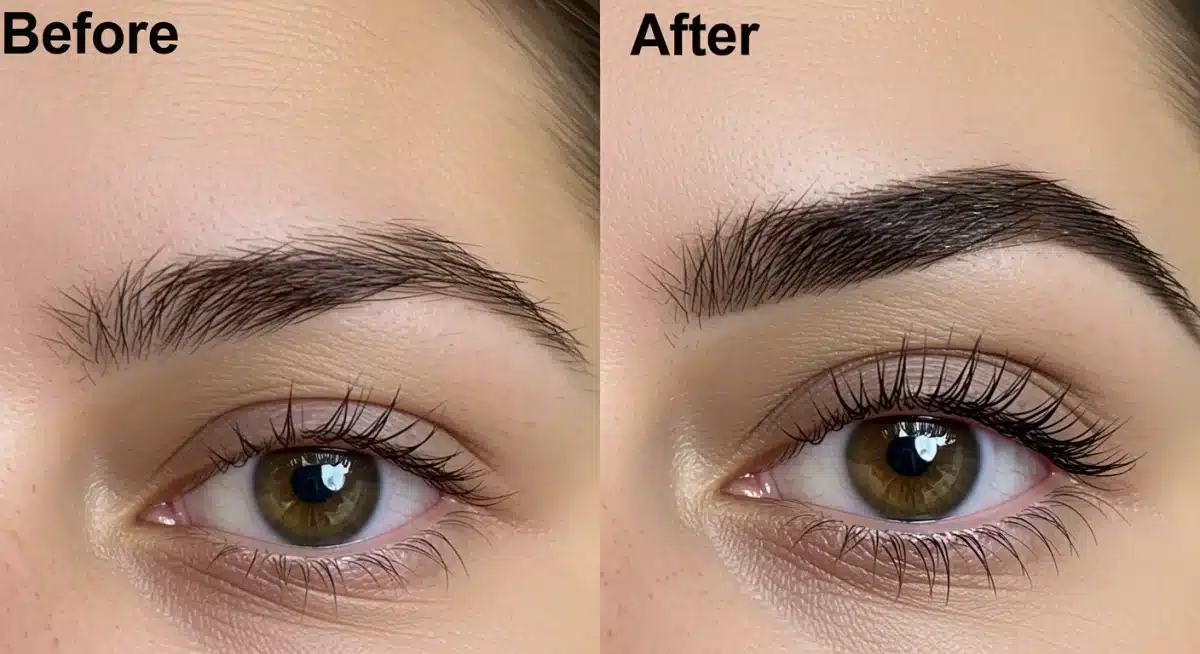 Before and after comparison of brow lamination, showing significant enhancement.