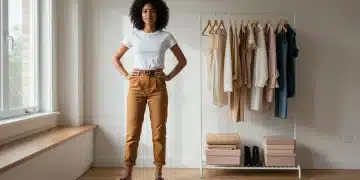 Modern US woman demonstrating a well-organized capsule wardrobe with essential fashion pieces