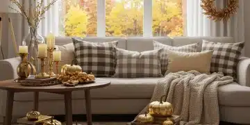 Cozy fall living room decorated with warm textiles and autumn accents