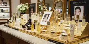 Department store beauty counter with premium skincare products