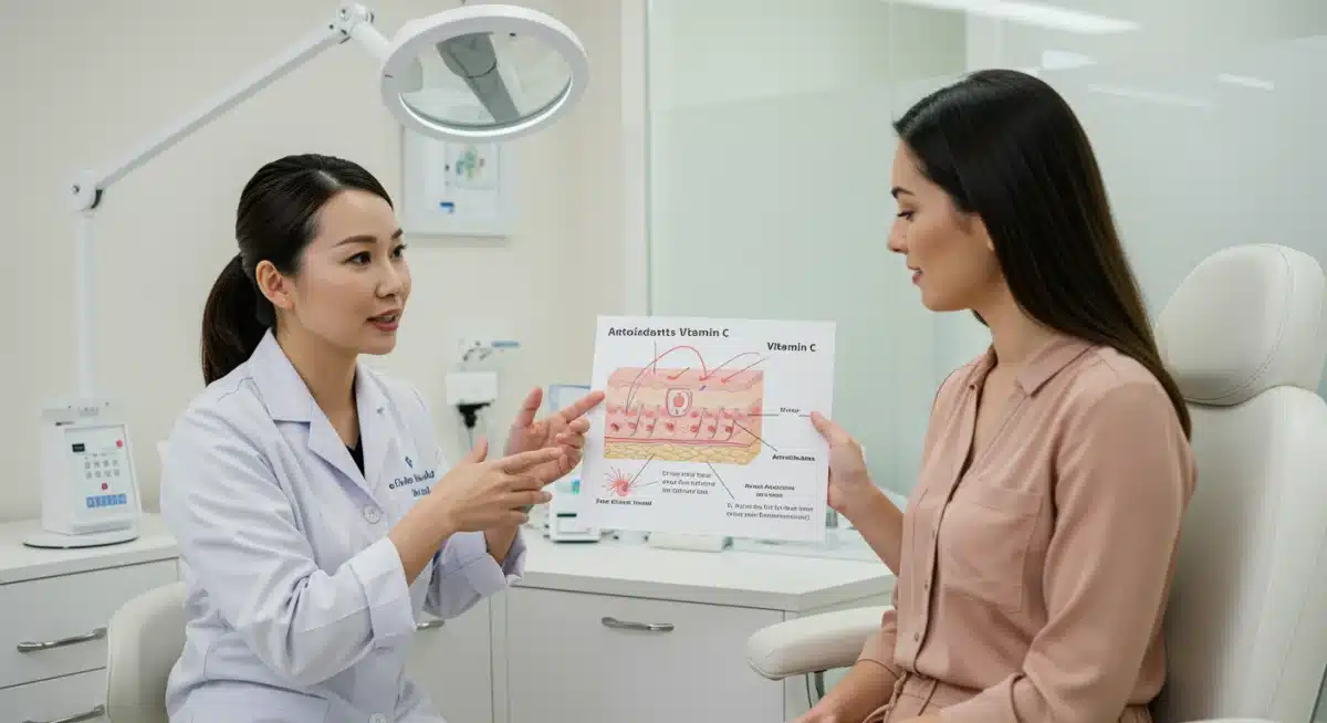 Dermatologist discussing vitamin C benefits with a patient in a clinic.