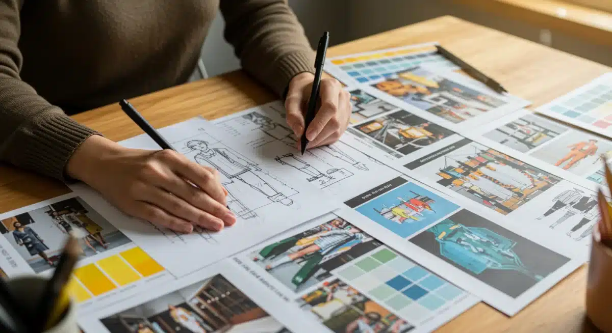 Fashion designer sketching with Solar Flare Yellow and Deep Ocean Blue color inspirations