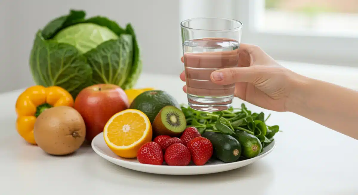 Healthy diet with water, fruits, and vegetables for clear skin