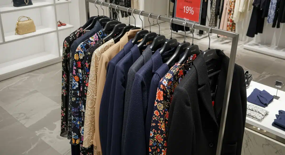 Discounted clothing rack with designer dresses on sale