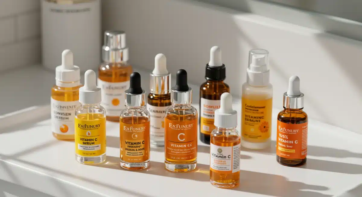 Assortment of Vitamin C serum bottles for different skin types in the US.