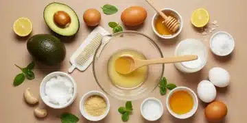 Ingredients for DIY hair masks, including avocado, honey, and coconut oil