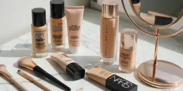 Drugstore and premium foundations comparison flat lay