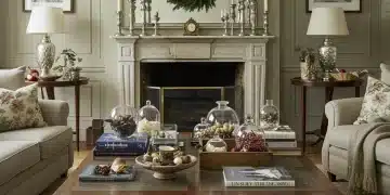 Elegant living room with curated seasonal decor collection featuring vintage ornaments and timeless decorative pieces