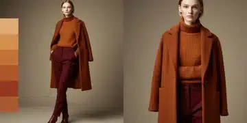 Fashion model wearing autumn color palette outfit with color swatches