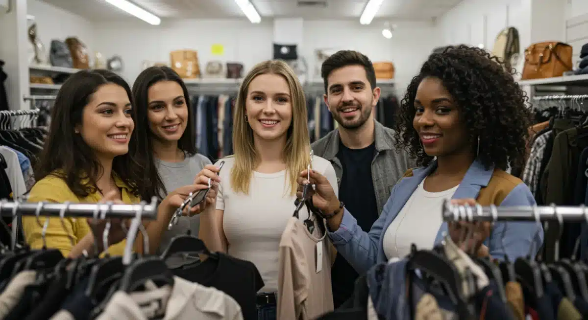 Friends shopping for affordable clothes at a thrift store