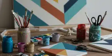 DIY wall art supplies on table with geometric canvas