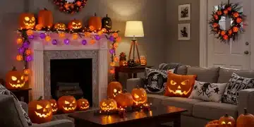 Elegant Halloween living room decor with coordinated color scheme and strategic placement of decorations