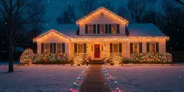 Beautifully decorated home with holiday lights glowing warmly against the night sky