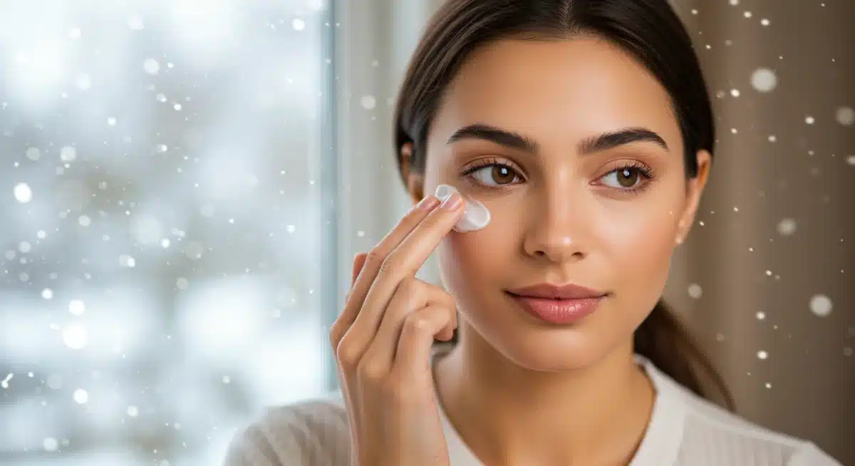 Applying hydrating eye cream as part of a winter skincare routine