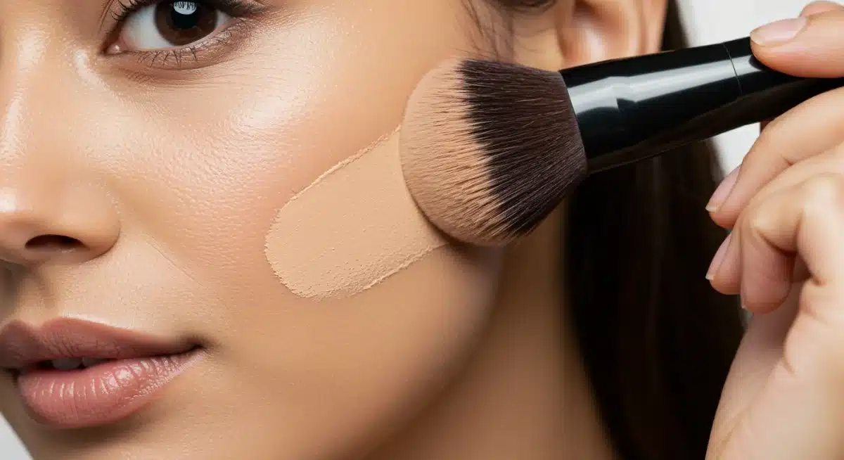 Woman applying liquid foundation with a kabuki brush for even coverage