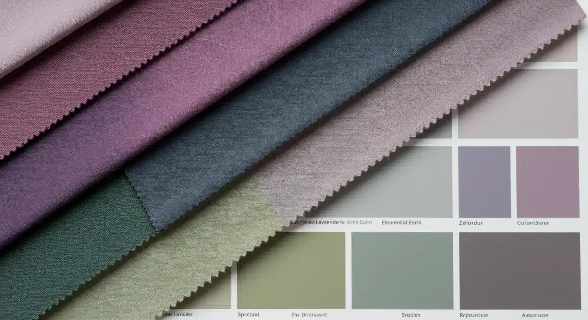 Digital Lavender and Elemental Earth fabric swatches on a designer's mood board