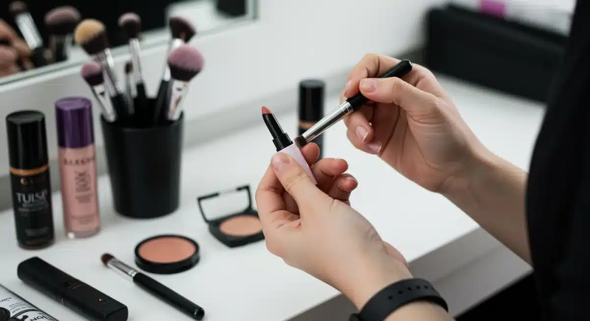 Makeup artist applying lip primer for longevity