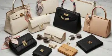 Luxury designer handbags on marble surface showing Hermès, Chanel, and Louis Vuitton pieces