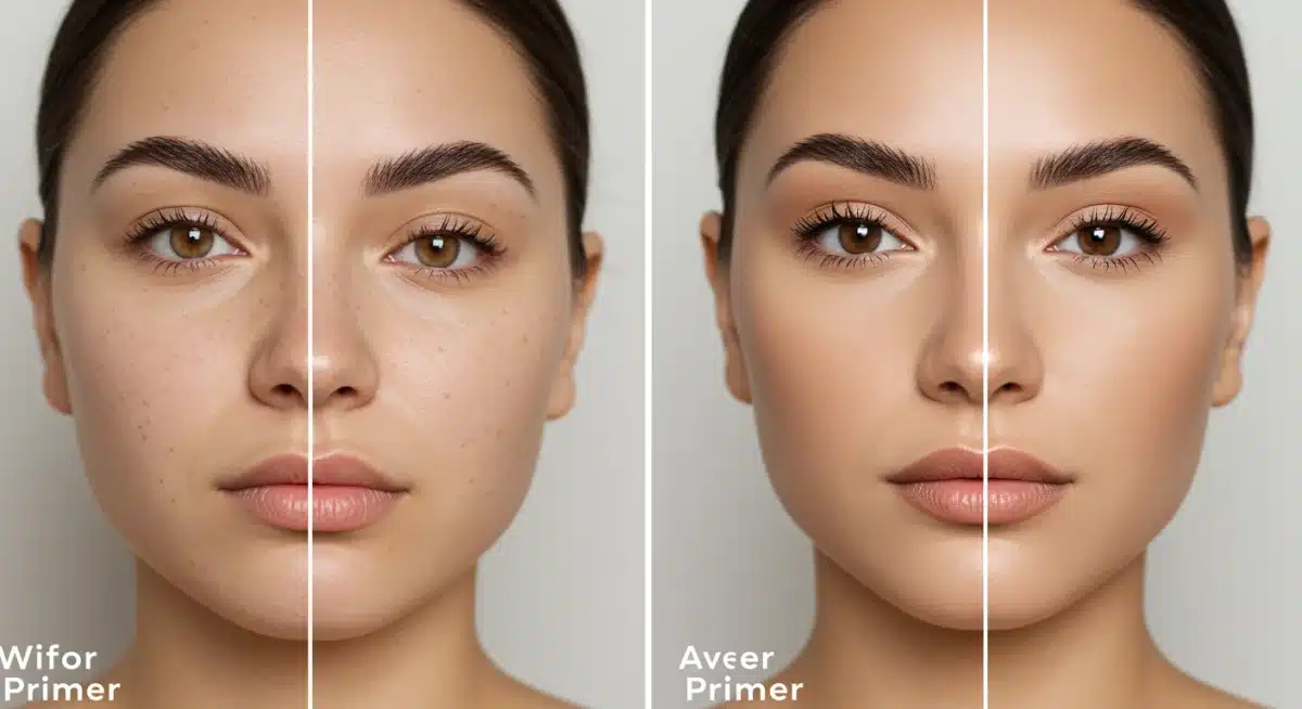 Comparison of makeup with and without primer, showing flawless finish