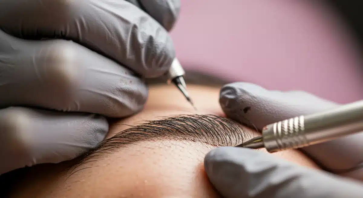 Microblading technician performing a precise brow enhancement procedure.
