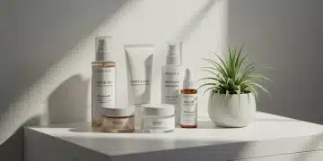 Minimalist bathroom counter with curated beauty products and natural lighting