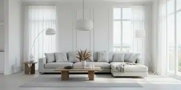 Modern minimalist living room with neutral colors and natural lighting