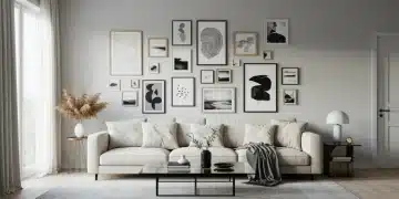 Modern living room gallery wall with mixed frame sizes above sofa