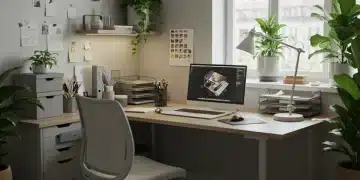 Modern home office workspace with ergonomic furniture and proper lighting