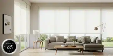 Modern living room with energy-efficient window treatments in a well-lit space