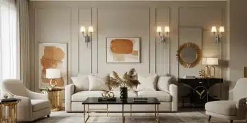 Modern living room with mixed metal finishes including brushed nickel lighting and gold accents