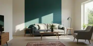 Modern living room showcasing wallpaper accent wall alongside painted walls in high-traffic area
