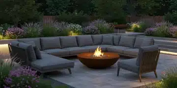 Modern outdoor living space with comfortable seating, fire pit and landscaping