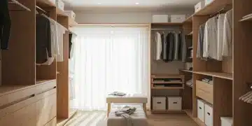 Organized walk-in closet with wooden shelving and storage solutions