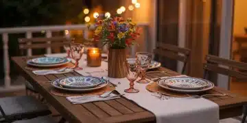 Beautiful outdoor summer table setting with colorful dinnerware and decorative elements