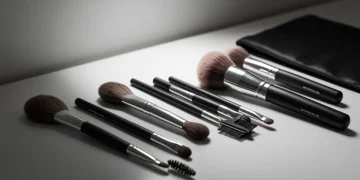 Professional makeup brush set on white background with multiple brush types