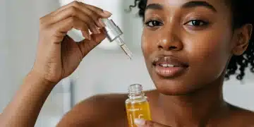 Woman with glowing skin applying vitamin C serum, achieving a brighter complexion.