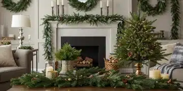 Living room with real and artificial seasonal greenery decorations