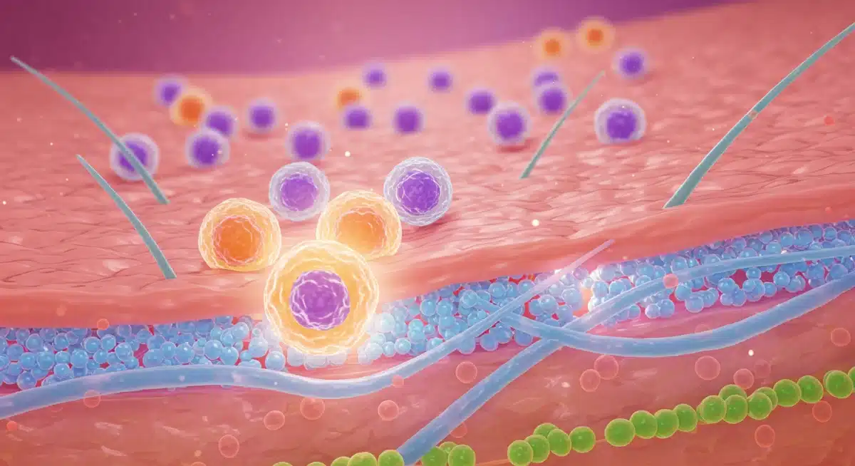 Microscopic view of skin cell regeneration and collagen production boosted by retinol