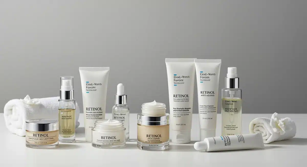 Assortment of retinol-based skincare products on a vanity