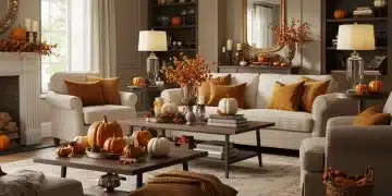 Seasonal autumn home decor with pumpkins and warm textiles in living room