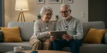 Senior couple using smart home technology in comfortable living room with medical alert device