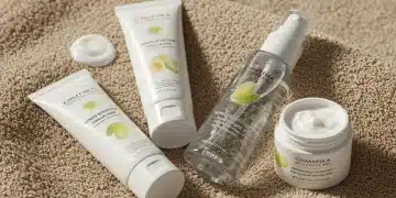 Gentle skincare products for sensitive skin routine arranged on beige towel